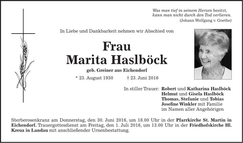 Traueranzeige Marita Haslböck