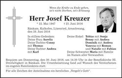 Traueranzeige Josef Kreuzer