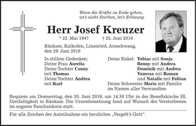Traueranzeige Josef Kreuzer