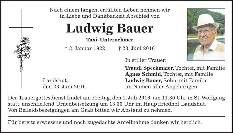 Traueranzeige Ludwig Bauer