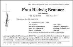 Traueranzeige Hedwig Brunner