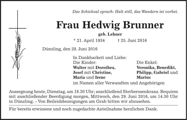 Traueranzeige Hedwig Brunner