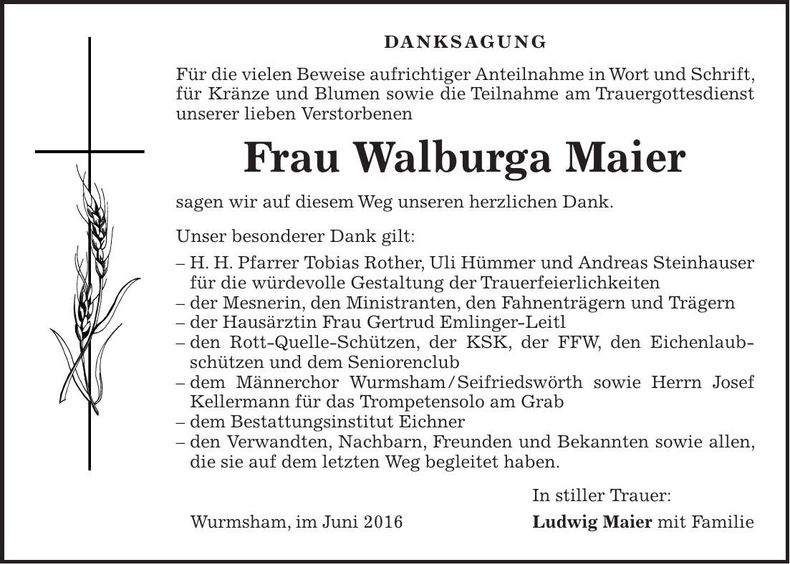 Traueranzeige Walburga Maier