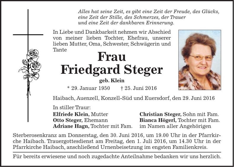 Traueranzeige Friedgard Steger