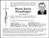 Traueranzeige Xaver Straubinger