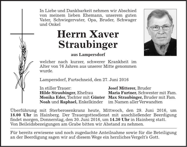 Traueranzeige Xaver Straubinger