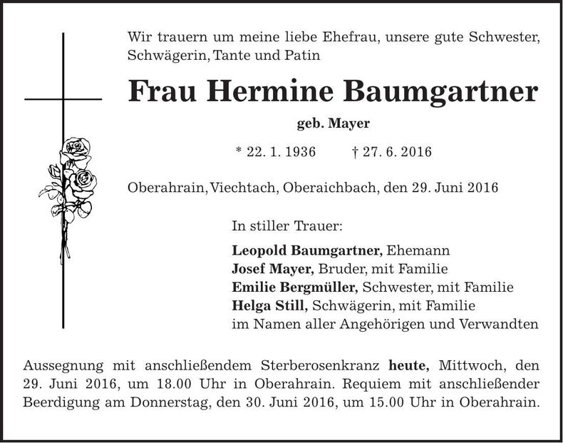 Traueranzeige Hermine Baumgartner