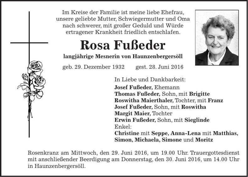 Traueranzeige Rosa Fußeder