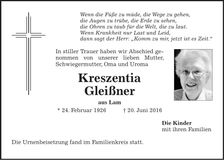 Traueranzeige Kreszentia Gleißner