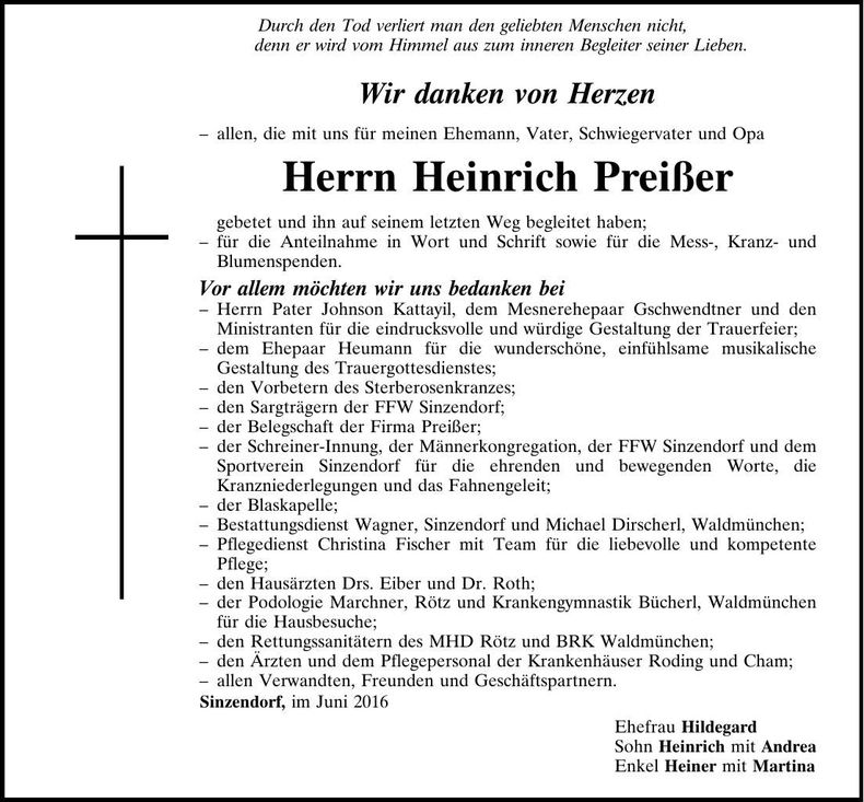 Traueranzeige Heinrich Preißer