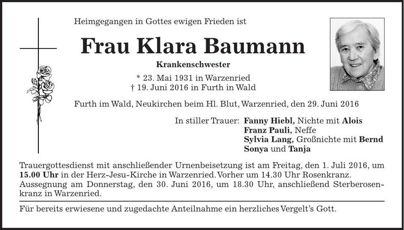 Traueranzeige Klara Baumann