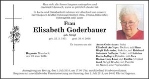 Traueranzeige Elisabeth Goderbauer