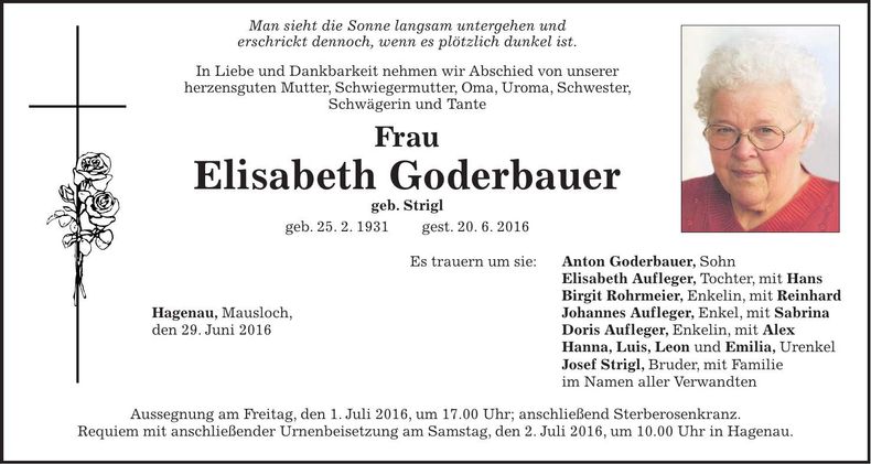 Traueranzeige Elisabeth Goderbauer