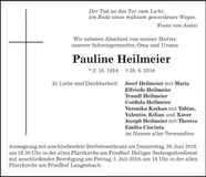 Traueranzeige Pauline Heilmeier