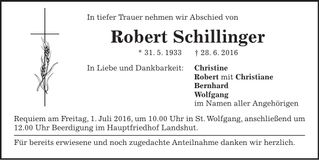 Traueranzeige Robert Schillinger