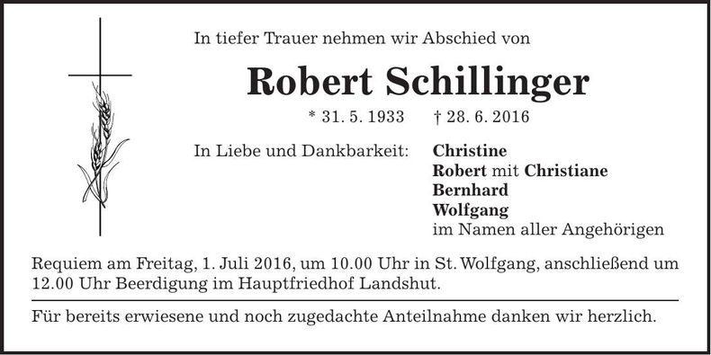 Traueranzeige Robert Schillinger