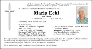 Traueranzeige Maria Eckl