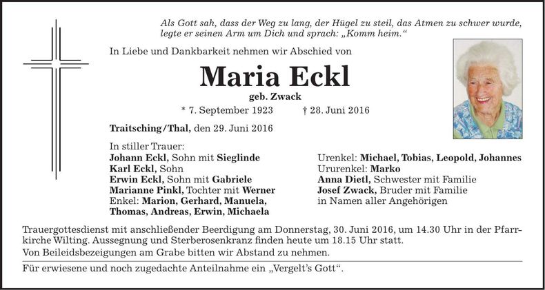 Traueranzeige Maria Eckl