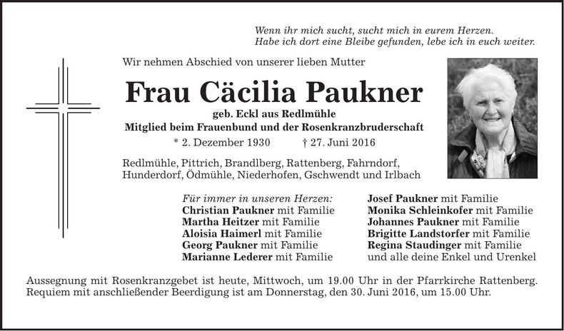 Traueranzeige Cacilia Paukner
