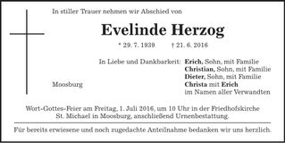 Traueranzeige Evelinde Herzog