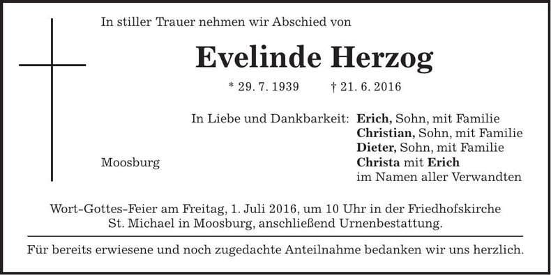 Traueranzeige Evelinde Herzog