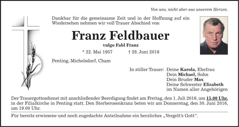 Traueranzeige Franz Feldbauer