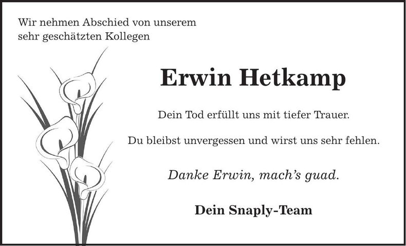 Traueranzeige Erwin Hetkamp