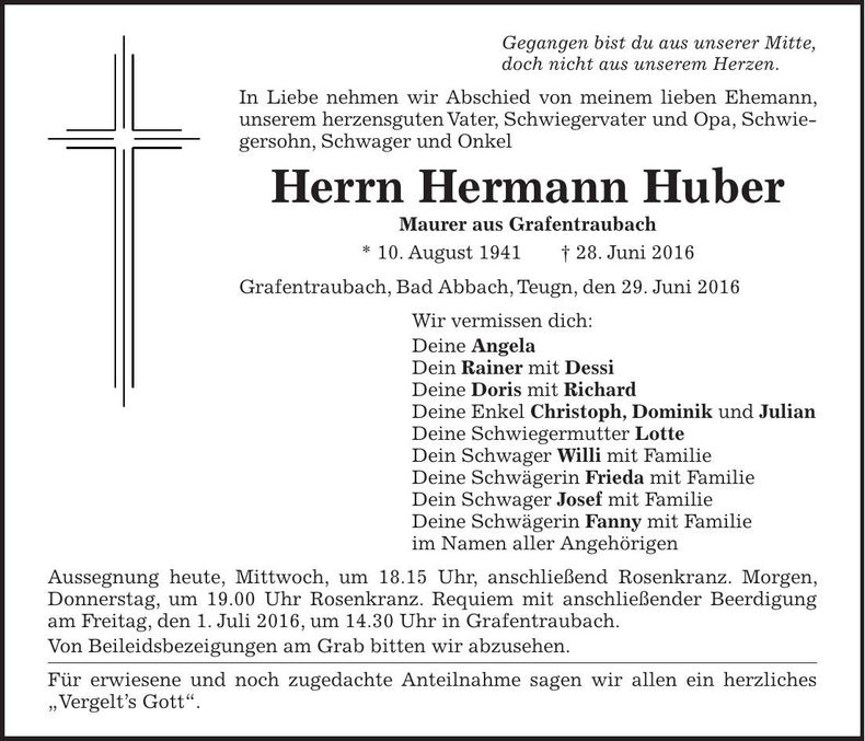 Traueranzeige Hermann Huber
