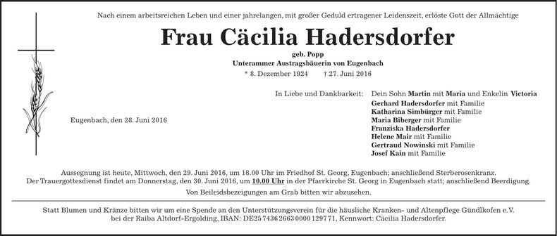 Traueranzeige Cäcilia Hadersdorfer