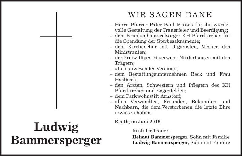 Traueranzeige Ludwig Bammersperger