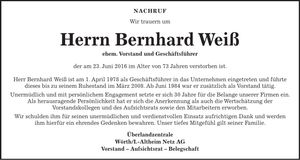 Traueranzeige Bernhard Weiß