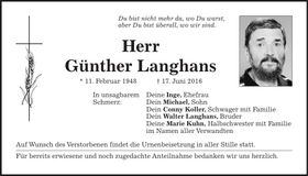 Traueranzeige Günther Langhans