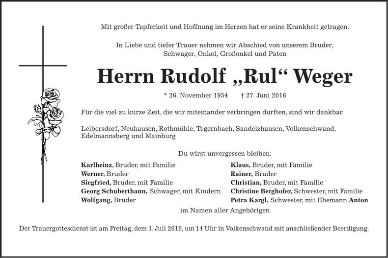 Traueranzeige Rudolf Weger
