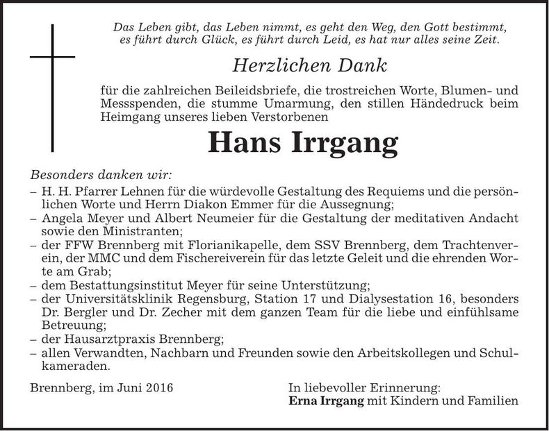 Traueranzeige Hans Irrgang