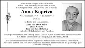Traueranzeige Anna Kopriva