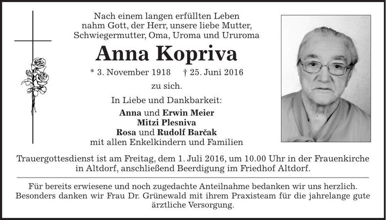Traueranzeige Anna Kopriva