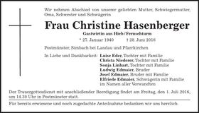 Traueranzeige Christine Hasenberger