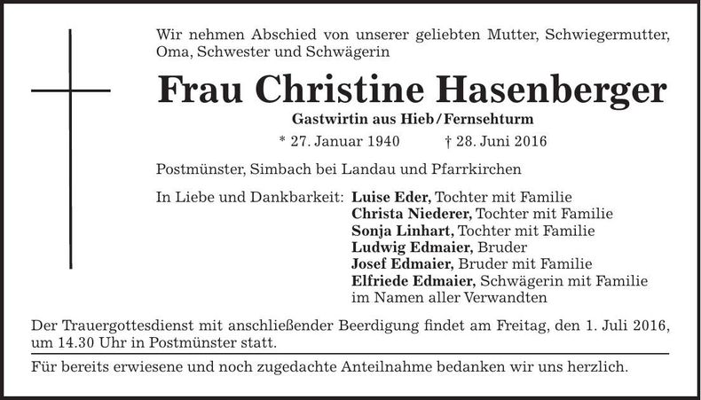 Traueranzeige Christine Hasenberger