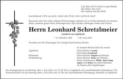 Traueranzeige Leonhard Schretzlmeier