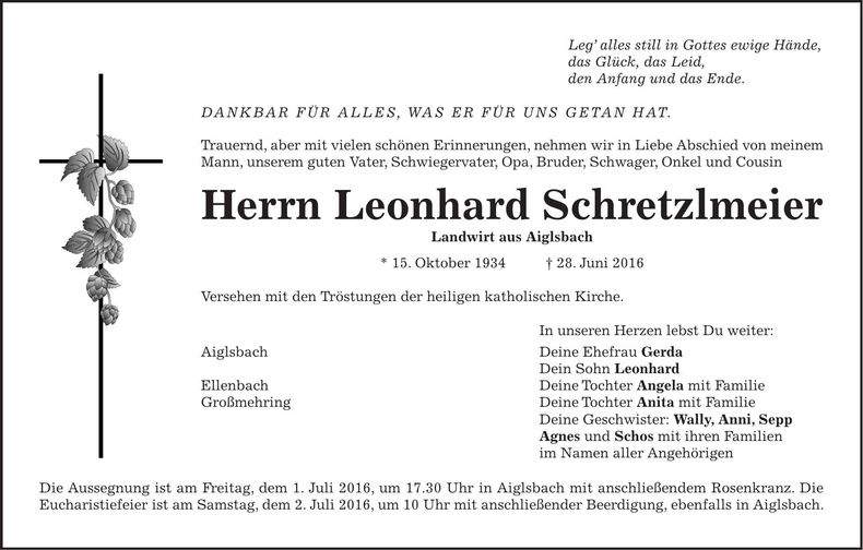 Traueranzeige Leonhard Schretzlmeier