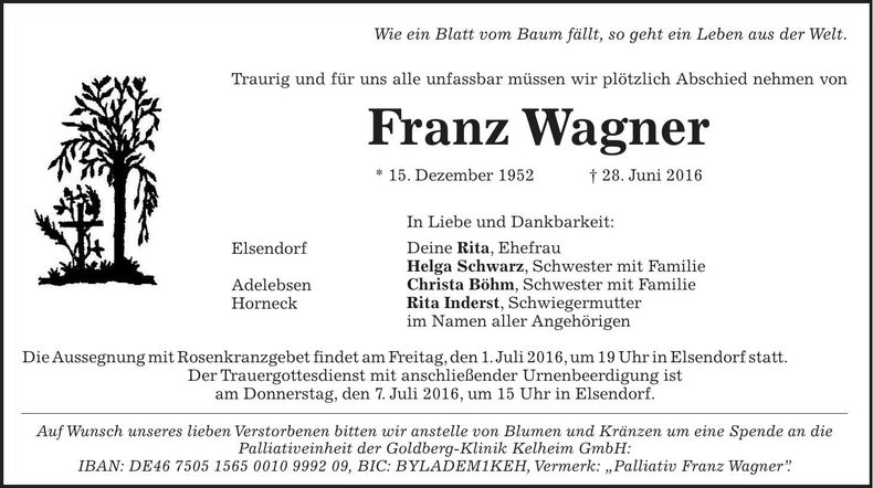 Traueranzeige Wagner Franz