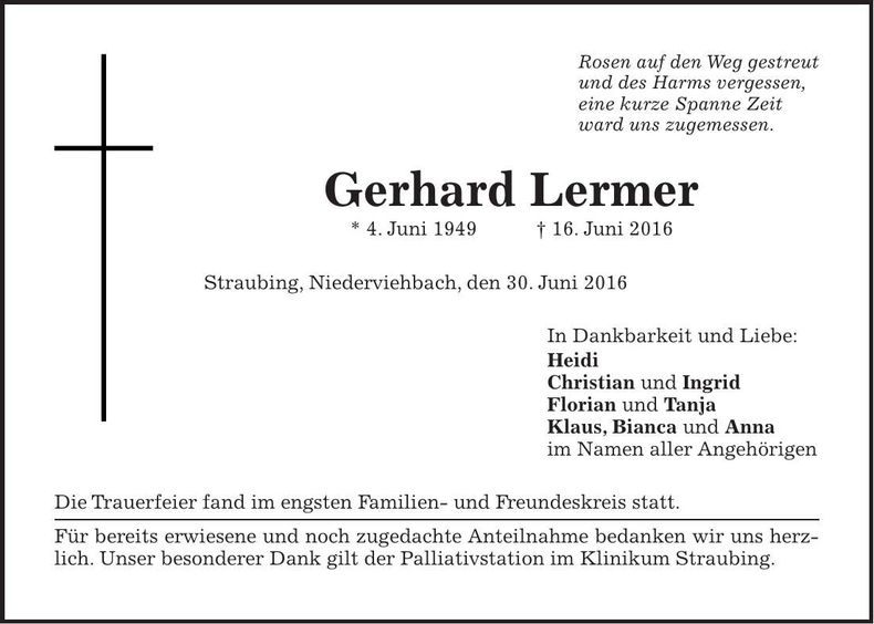 Traueranzeige Gerhard Lermer