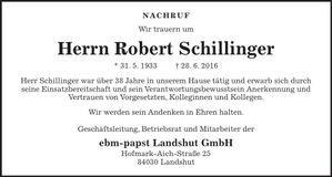 Traueranzeige Robert Schillinger