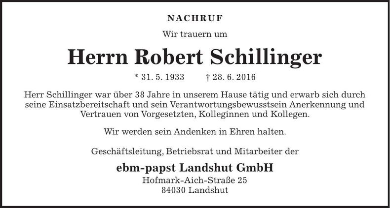 Traueranzeige Robert Schillinger
