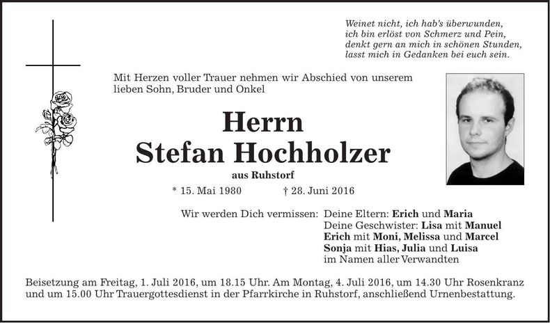Traueranzeige Stefan Hochholzer