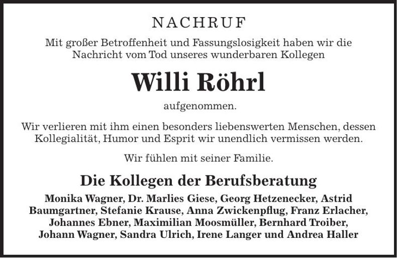 Traueranzeige Willi Röhrl