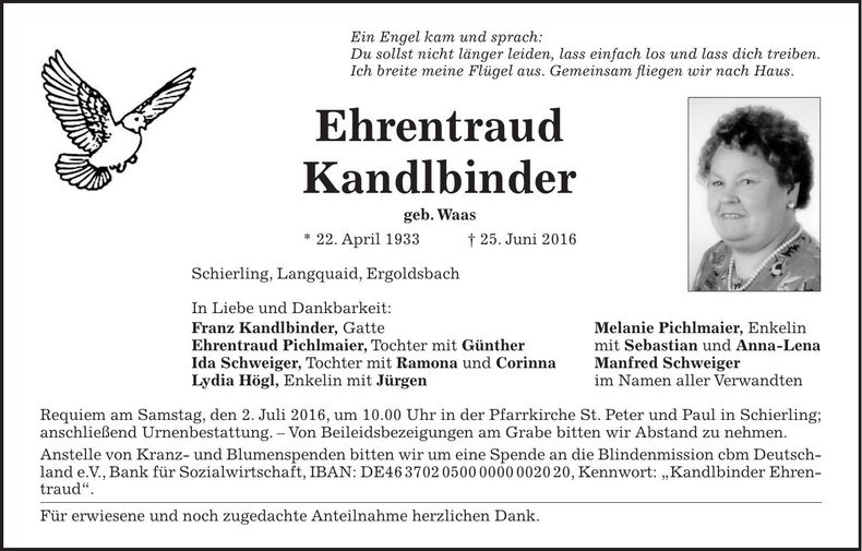 Traueranzeige Ehrentraud Kandlbinder