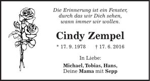 Traueranzeige Cindy Zempel