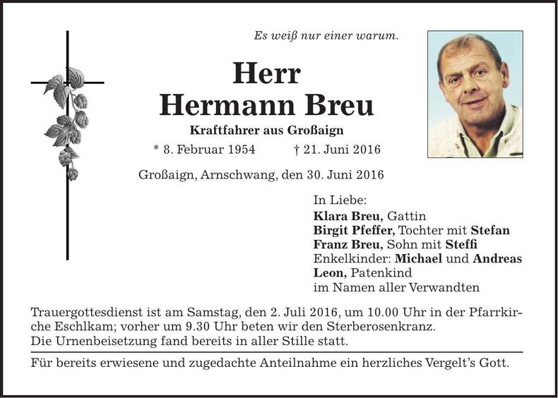 Traueranzeige Hermann Breu