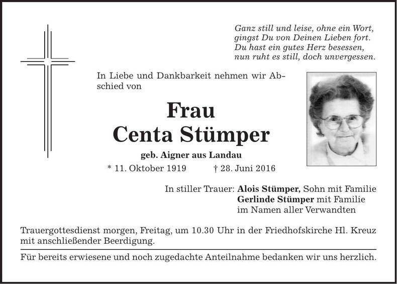 Traueranzeige Centa Stümper